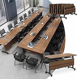 Folding Conference Tables,47.2" Modern Office Conference Room Tables,Flip Top Mobile Seminar Training Tables with Lockable Wheels,Foldable Meeting Table for Classroom Office (Walnut, 8 Pack)