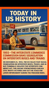 Today in Black American History 🇺🇸✨ On November 25, 1955, the Interstate Commerce Commission ruled that segregation on interstate buses, trains, and bus terminals was illegal under the Interstate Commerce Act. This decision strengthened earlier Civil Rights victories and helped shape the momentum behind the Freedom Rides ✊🏾🚌🔥 A powerful reminder of how far we’ve come — and how far we must continue to go. #CivilRights #AmericanHistory #BlackHistory #FreedomRiders #OnThisDay #CloocheyFoundati