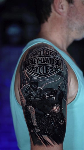 This amazing biker-themed tattoo is secretly a cover up tattoo! That's right: Our resident tattoo artist Nico Grimm saves the day once again by creating an incredible biker tattoo, featuring the client, and even his exact bike! Follow us for more incredible artwork just like this!