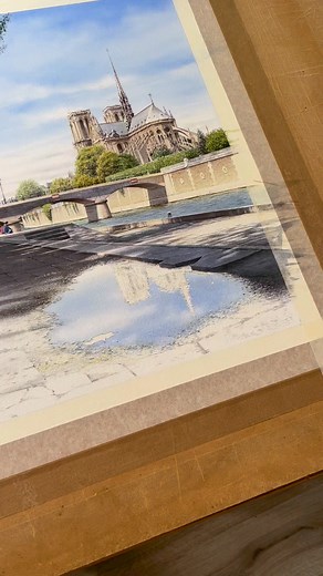 Work in progress. Step 18. Continuation of the painting of the shadows cast by the trees on the quay. Wet on wet painting.“Notre Dame in the puddle 2014”Pure transparent watercolor painting on Arches paper cold pressed, 356gr. All my whites are the whites of the paper.Size: 17,7 inch x 17,7 inch.Watercolor avaible for sale. Private message for more information.Travail en cours. Etape 18 Suite de la peinture des ombres portées, en mouillé sur mouillé, des arbres sur le quai.« Notre Dame dans la f