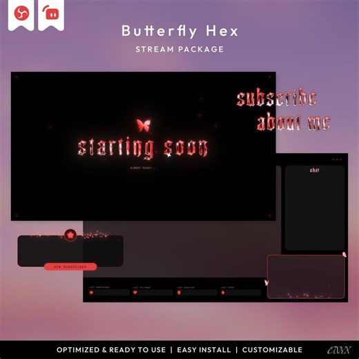 Butterfly Hex Animated Twitch Overlay Package, Y2K Style Chrome Art Animation, Red Metallic Neon Stream Pack, Gothic Twitch Graphics - Etsy