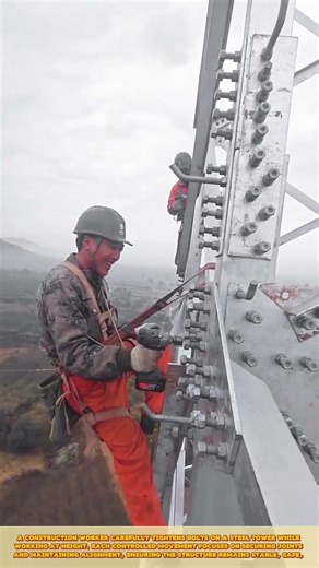 Construction Worker Tightening Steel Tower Bolts at Height for Maximum Structural Stability