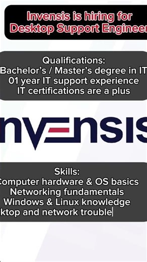 Invensis is hiring for Desktop Support Engineer #freshers #jobs