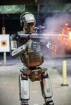 A photograph of an AI robot in a shooting range, holding a futuristic gun in a dynamic stance.