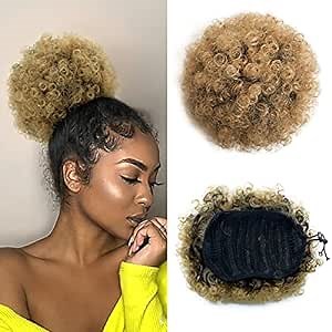 Yinmei Baibian Ombre Brown Afro Puff Drawstring Ponytail Kinky Curly Pony Tail Hair Extensions Synthetic Short Bun Hairpieces for Black Women(1B/27#)