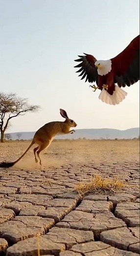 African Fish Eagle vs Springhare on the a cracked, dry savanna during drought