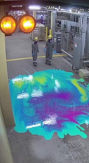 Bright liquid chemicals are already spreading across the industrial facility floor while workers back away in tense silence. Hazard lights pulse and nobody dares to speak, as the spill creeps closer.