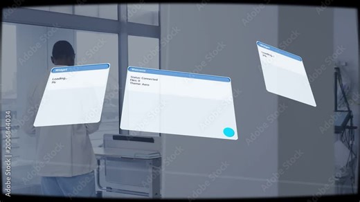 Lab technician standing by printer while system initializing and animating three widgets for status