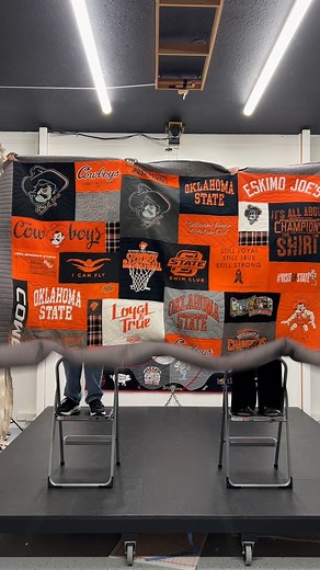 Oh wow! This is a spectacular T-shirt quilt. Oklahoma State T-shirt quilt! We can do this with your college or university T-shirt! #tshirtquilt #oklahoma #oklahomastatefootball #oklahomastate #oklahomastatecowboys #universitylife #toocooltshirtquilts | Too Cool T-Shirt Quilts