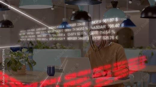Man typing laptop finance feed appearing, red bands intensifying, studying paper analyzing markets