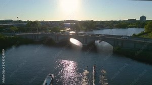 Aerial view of Cambridge and Anderson Memorial Bridge leading to Weld Boathouse, Harvard on Charles River, Cambridge, Boston, Massachusetts, USA