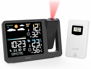 Uzoli Projektionswecker Digitaler Wecker mit Projektion Funkuhr Innen Außen Thermometer Hygrometer Wettervorhersage Komfortstufe Schimmelrisiko Projektionsuhr Wetterstation mit Außensensor - EM3539A
