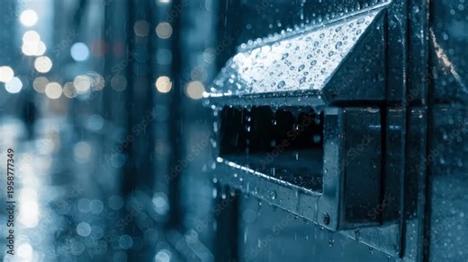 Rain droplets gently trickle down the illuminated night deposit drop box exterior the focused slot glistening with moisture while the rest of the wall fades into a smooth bokeh.