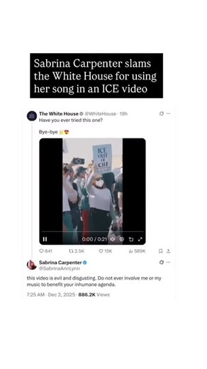 43K views · 1.3K reactions | Sabrina Carpenter is slamming the White House for using her song, saying: “This video is evil and disgusting. Do not ever involve me or my music to benefit your inhumane agenda.” The White House has been using a ton of popular songs and memes in the second administration, often taking advantage of platforms like Instagram allowing accounts to embed 15–30 seconds of virtually any song onto video and photo posts. | Yashar Ali | Facebook