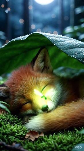 Baby fox sleeping under leaf bee