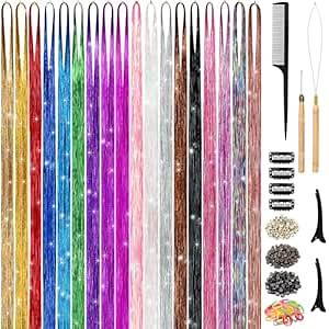 Hair Tinsel Kit (48 Inch, 18 Colors, 4320 strands), Tinsel Hair Extensions with Tools， Heat Resistant Fairy Hair Tinsel Kit for Women Girls Hair Accessories