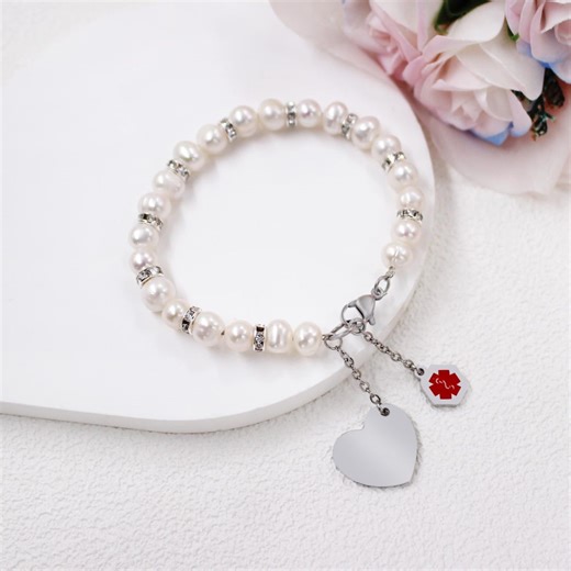 Custom Freshwater Pearl Medical Alert Bracelet for Women | Engraved Heart & Medical Symbol Charms | Personalized ID Jewelry - Etsy
