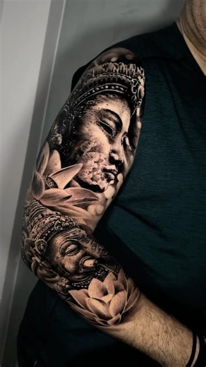 🪷 Buddha Outer Arm Tattoo | Black & Grey Spiritual Sleeve