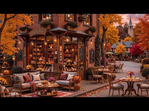 Cozy Autumn Day at Outdoor Coffee Shop Ambience 🍂 Sweet Jazz Music & Falling Leaves for Great Mood