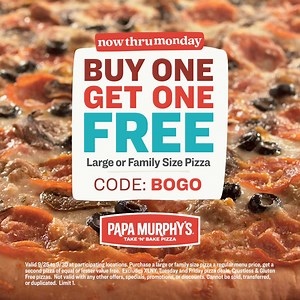 Woohoo! Our Buy a Pizza, Get a Pizza FREE deal is still going! Menu-priced pizzas, online only. Ends Monday. Use code: BOGO. | Papa Murphy's Pizza