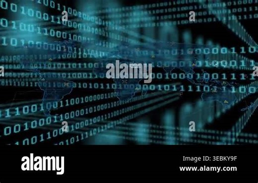 On load blue world map appearing, binary flow moving, lighting and linking nodes, showing network. Turquoise, cyber, data, visualization, holographic, grid, tunnel Stock Video Footage - Alamy