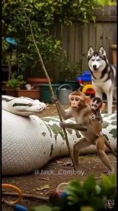 Python swallows cute Siberian Husky, heroic monkey mother rushes to rescue #animal #snake #monkey