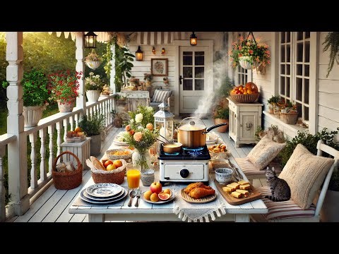 Cozy Spring Kitchen Porch Ambience🌸Nature sounds, Cooking, Sizzling Sounds,Boiling Stew, Purring cat