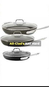 All-Clad Ha1 fry pan set with lids, 8-in with lid, 10 inch with lid and 12-in with lid.