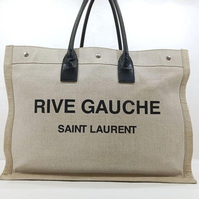 Yves Saint Laurent YSL Large Tote Bag Black Beige Leather Canvas Handbag | eBay