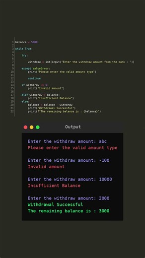 #python#pythonerrorhandling #pythontryexcept#python bank withdrawal system try-except & while loop