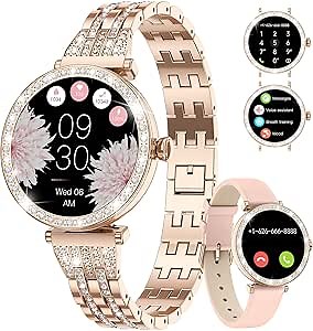 Smart Watch Women for Android iPhone with Bluetooth Phone Calls 1.19” AMOLED Female Smartwatch Sport Fitness Tracker Heart Rate Sleep Monitor Diamond Smart Watch Ladies Rose Gold Steel Smartwatch