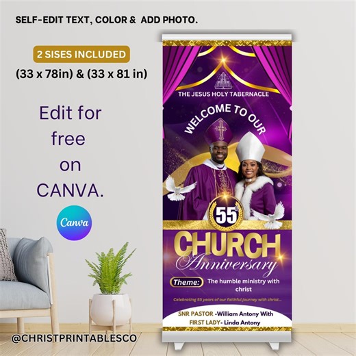 Editable Retractable Banner Template for Church Event- Purple & Gold Rollup Banner, Pastor Anniversary, Church Anniversary, Vinyl Banner. - Etsy