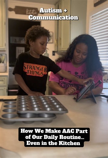 AAC belongs everywhere—even in the kitchen 🧁💛 These everyday moments are where real communication happens. #autism #autismawareness #kidscooking #autismmom