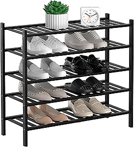 5-Tier Natural Bamboo Shoe Rack - Stackable Storage Shelf with Multi-Function Combinations - Free Standing Shoe Racks for Convenient Shoe Organization（Black） 11" D x 27" W x 35" H