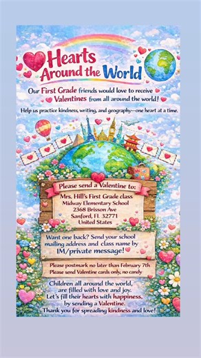 Debrice Smith on Instagram: "Calling all FIRST GRADE teachers 🌍💌 My students are collecting Valentines from around the world — and we’ll send one back to your class! 📩 Send your school address + class name by private message to join. Let’s spread kindness one heart at a time ❤️ 👉 Please SHARE so this reaches more classrooms! #TeacherCommunity #FirstGradeTeachers #GlobalClassroom #KindnessInTheClassroom #HeartsAroundTheWorld"