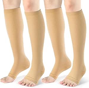 Open Toe Compression Socks Women & Men-2 Pairs 15-20 mmHg Knee High Stockings for Circulation Support