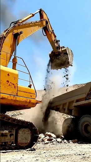 Giant Excavator Loading Dump Truck - Heavy Machinery at Work! 🚧