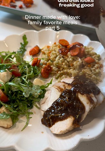 Family favorite meals | Balsamic fig chicken with couscous, roasted carrots, and arugula salad. Save this to make for your family! Fig sauce recipe: 1/2 tbsp olive oil 1 Shallot, minced 1 tbsp dried rosemary 1 tbsp balsamic vinegar 1/3 cup water 2 tbsp fig butter or fig jam 1 tbsp chicken bouillon 1 tbsp butter Salt and pepper Over medium heat, add 1/2 tbsp olive oil, shallots, and rosemary. Cook until softened, 2-3 minutes. Add balsamic vinegar and water and mix until combined. Stir in fig butt