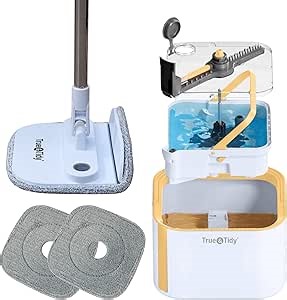 True & Tidy® TrueClean Spin Mop 2.0 w/Detachable Inner Bucket, Self Standing, Separates Clean and Dirty Water, Foldable Square Mop Head, Triple Jet Stream w/Hidden Brush, Replaceable 2pc Pads