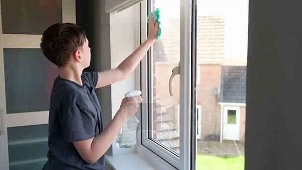 Boy cleaning window at home using cloth and spray, household chore, daily routine, family help, cleanliness concept Stock Video Footage - Alamy