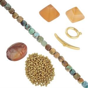 Sands of Carnelian - Carnelian Gemstone Pyramid Beads, Scarab Beetle Bead & Turquoise Cubes