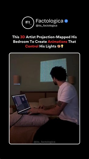 Factologica on Instagram: "3D Artist Turns His Bedroom Into A Living Light Controller 🤯💡 A 3D artist projection-mapped his bedroom, aligning digital animations exactly with the walls, corners, and light fixtures so the visuals stay locked perfectly to the room’s geometry. By tying those animations into smart lighting systems, every scene change on the wall updates the real lights—color, brightness, and mood—turning the projection from decoration into a live control interface. ​ Behind the scen