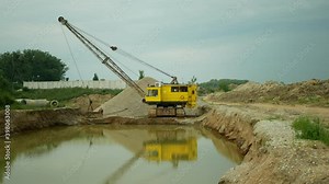 Mining gravel sand pit excavator digger dredger extraction machine colliery output quarry building gray pile mine surface grit quartz ballast, industry building material, hole devastation nature