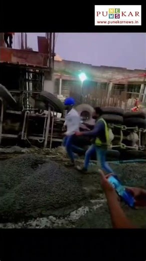 Cement Mixer Overturns at Ravet Construction Site, Driver Escapes Unharmed