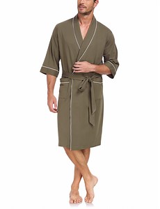 ANLIQI Mens 100% Cotton Short Robes Summer Lightweight Kimono Bathrobe Soft Knee Length Robe with Pockets (Olive Green, L)