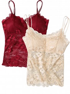 2 Pack Women's Lace Camisole Vest - Breathable Spaghetti Strap Tank Top Basic Cami Undershirt Tops Seamless Beauty Back Top with Built-in Bra, M-2XL