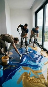 Blue Wave Epoxy Floor 💙✨ | Light Blue, Dark Blue & Golden Wave Design 🌊💛