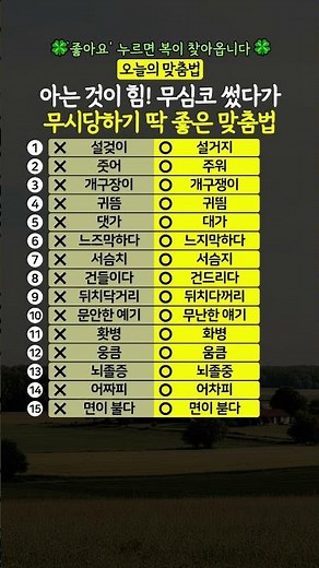 아는 것이 힘! 무심코 썼다가 무시당하기 딱 좋은 맞춤법 15선 #맞춤법 #글쓰기