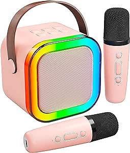 Karaoke Machine for Kids Adults, Portable Bluetooth Mini Karaoke Microphone Singing Speaker with 2 Mic and Light,Toys for All Smartphones,Birthday, Family,Home Party (Pink)