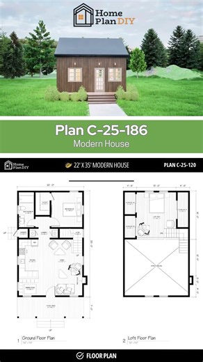 22×35 Modern Cabin House Plan with Loft | Small Cottage Floor Plan #blueprint #tinyhouse #shorts